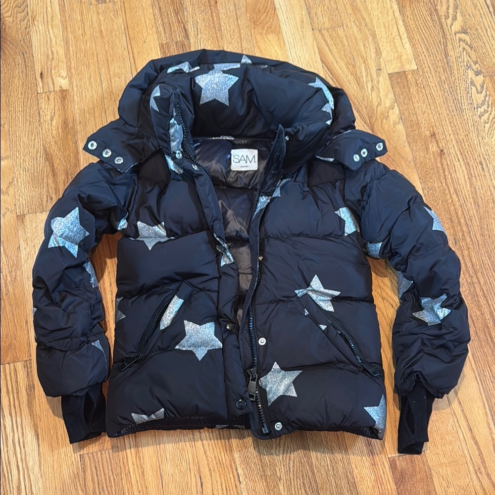 SAM. Black and Silver Star Kids Hoods Puffer Jacket Size 10
